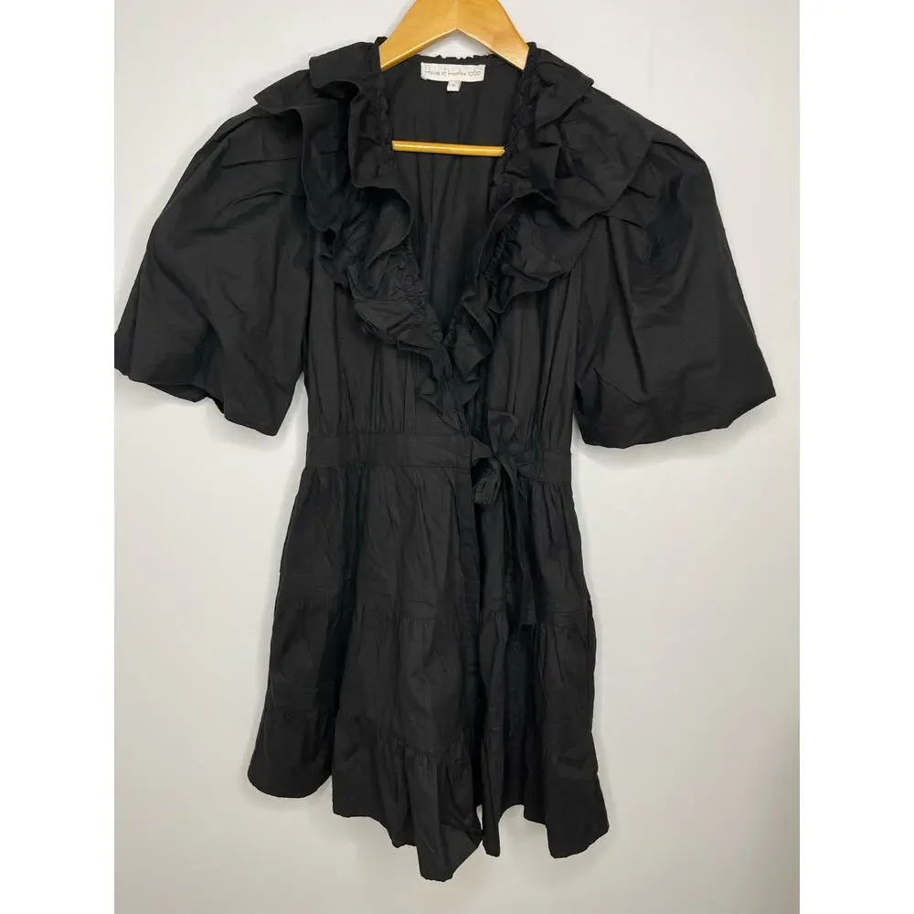 House of Harlow 1960 Ruffled cotton wrap mini dress black size S - Picture 5 of 11